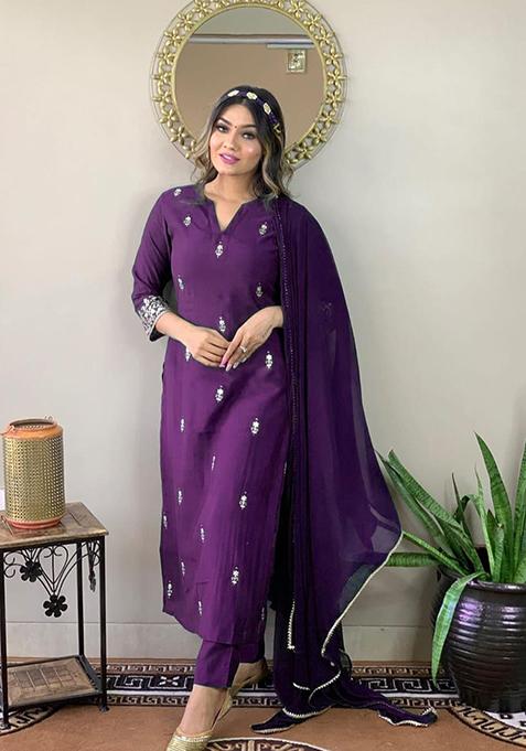 Purple Resham Embroidered Rayon Kurta Set