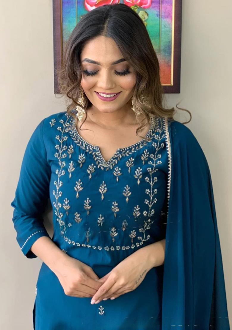 Teal Blue Resham Embroidered Rayon Kurta Set