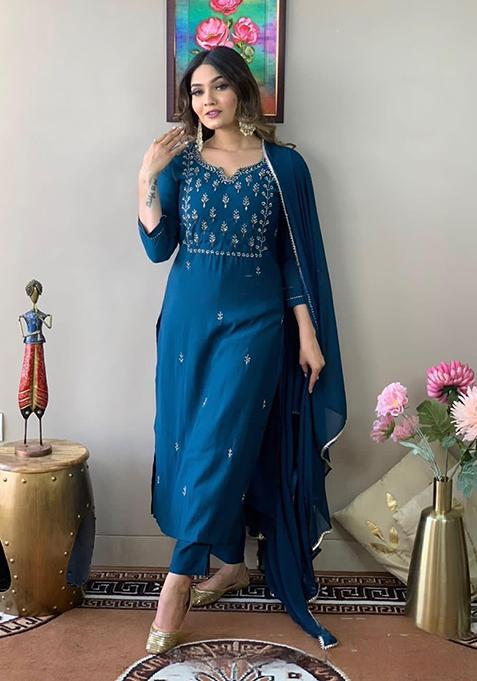 Teal Blue Resham Embroidered Rayon Kurta Set