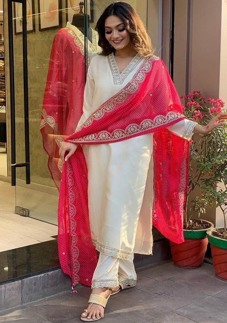 Cream Resham Embroidered Chanderi Kurta Set