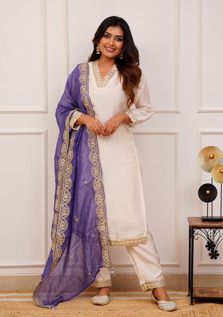 Cream Resham Embroidered Chanderi Kurta Set