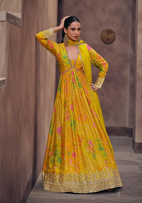 Yellow Abstract Print Georgette Kurta Set