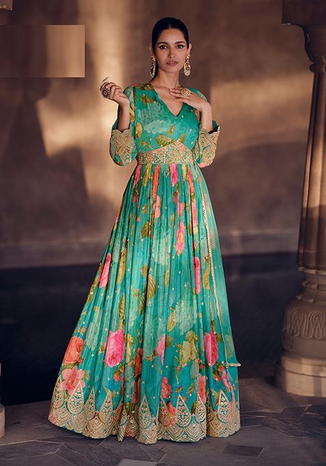 Sky Blue Abstract Print Georgette Kurta Set