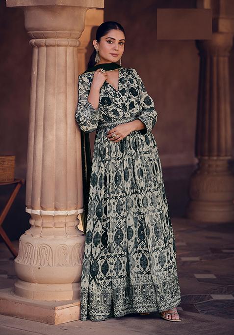 Beige Abstract Print Georgette Kurta Set