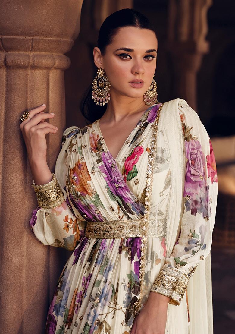 Cream Abstract Print Georgette Kurta Set