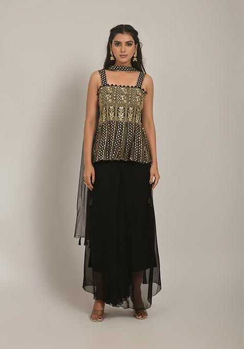 Black Zari Embroidered Georgette Skirt Set