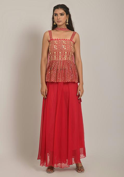 Red Zari Embroidered Georgette Skirt Set