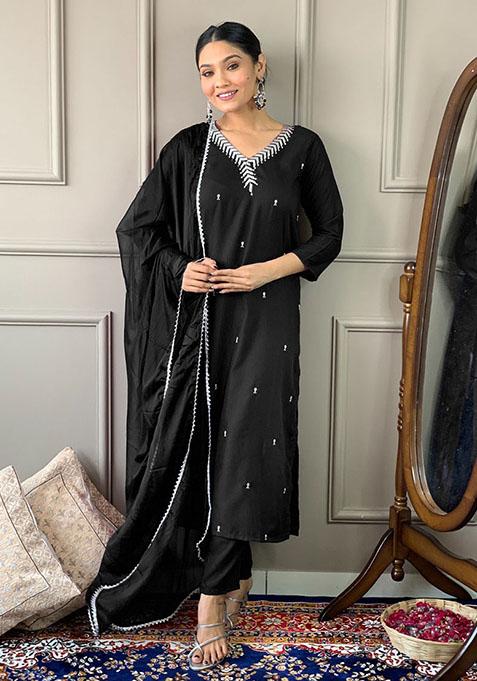 Black Sequin Embroidered Rayon Kurta Set