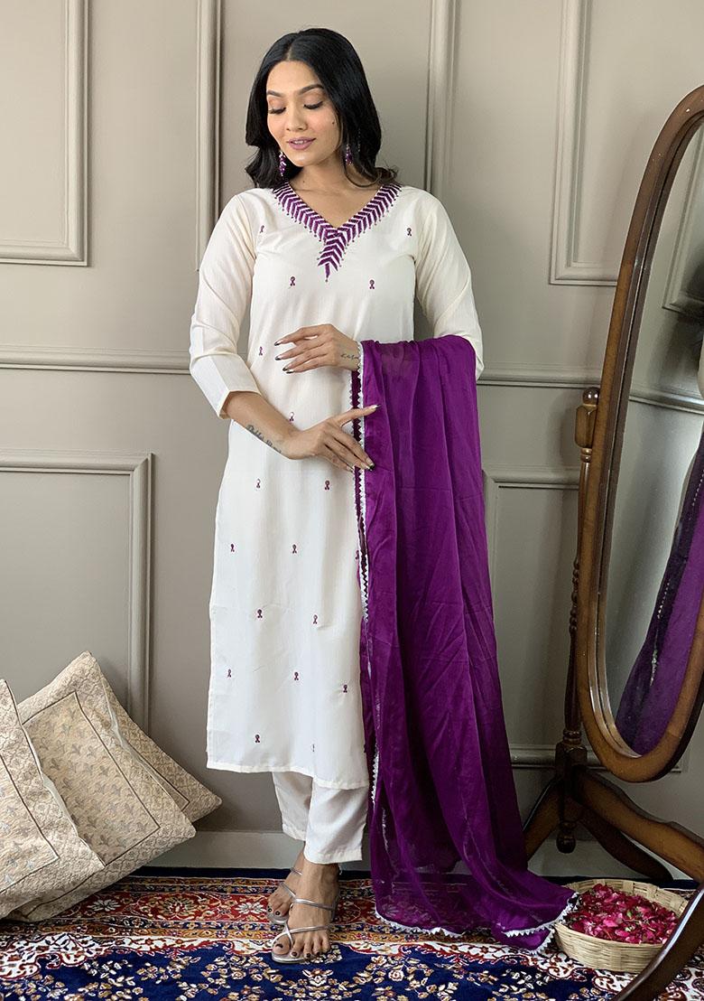 Off White Sequin Embroidered Rayon Kurta Set