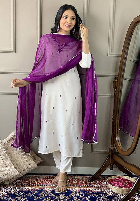 Off White Sequin Embroidered Rayon Kurta Set