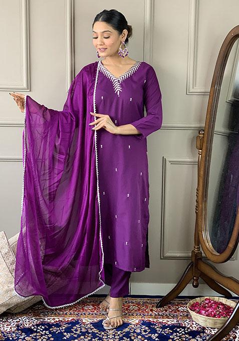 Purple Sequin Embroidered Rayon Kurta Set