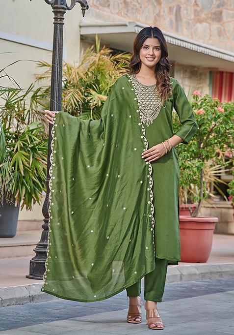 Green Zari Embroidered Chanderi Kurta Set