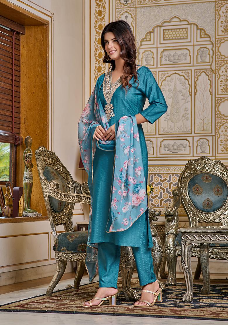 Blue Zari Embroidered Viscose Rayon Kurta Set