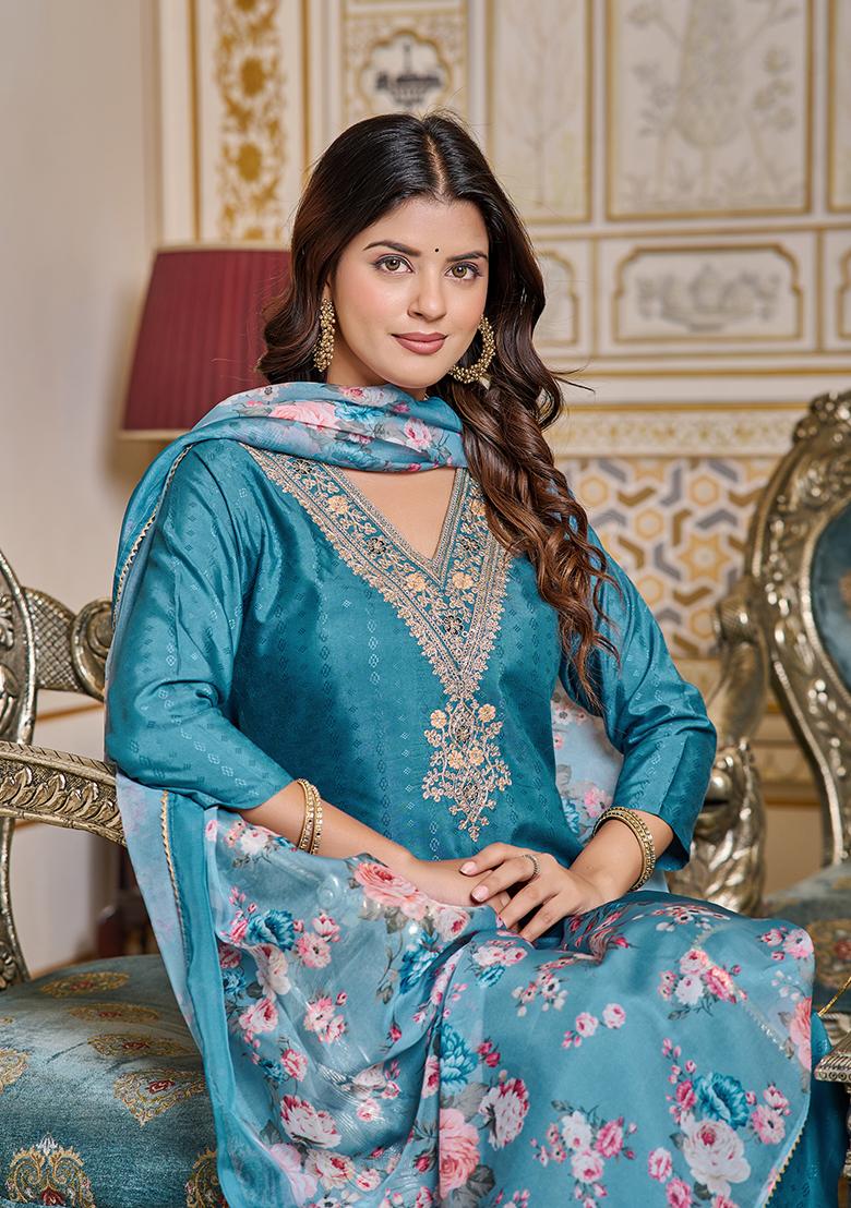 Blue Zari Embroidered Viscose Rayon Kurta Set