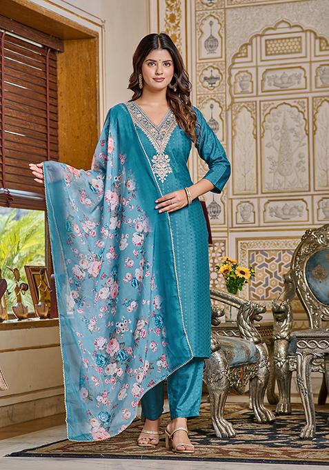 Blue Zari Embroidered Viscose Rayon Kurta Set