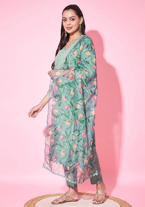 Green Floral Print Silk Blend Kurta Set