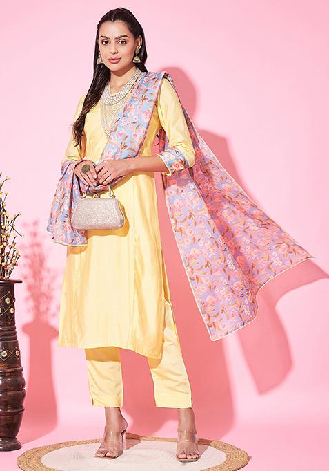 Yellow Floral Print Silk Blend Kurta Set