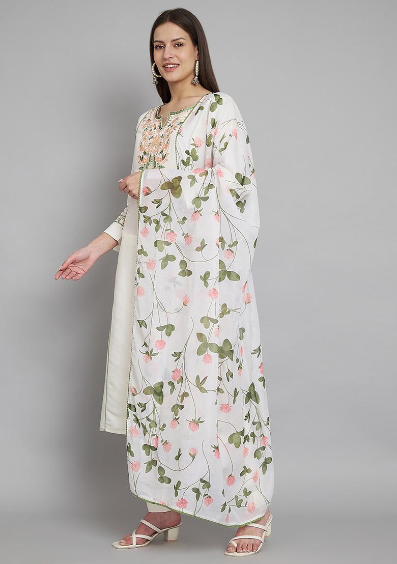 White Floral Print Silk Blend Kurta Set