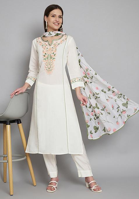 White Floral Print Silk Blend Kurta Set