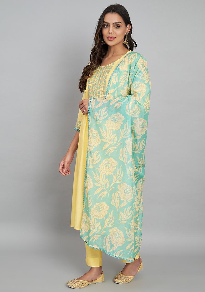 Yellow Floral Print Art Silk Kurta Set