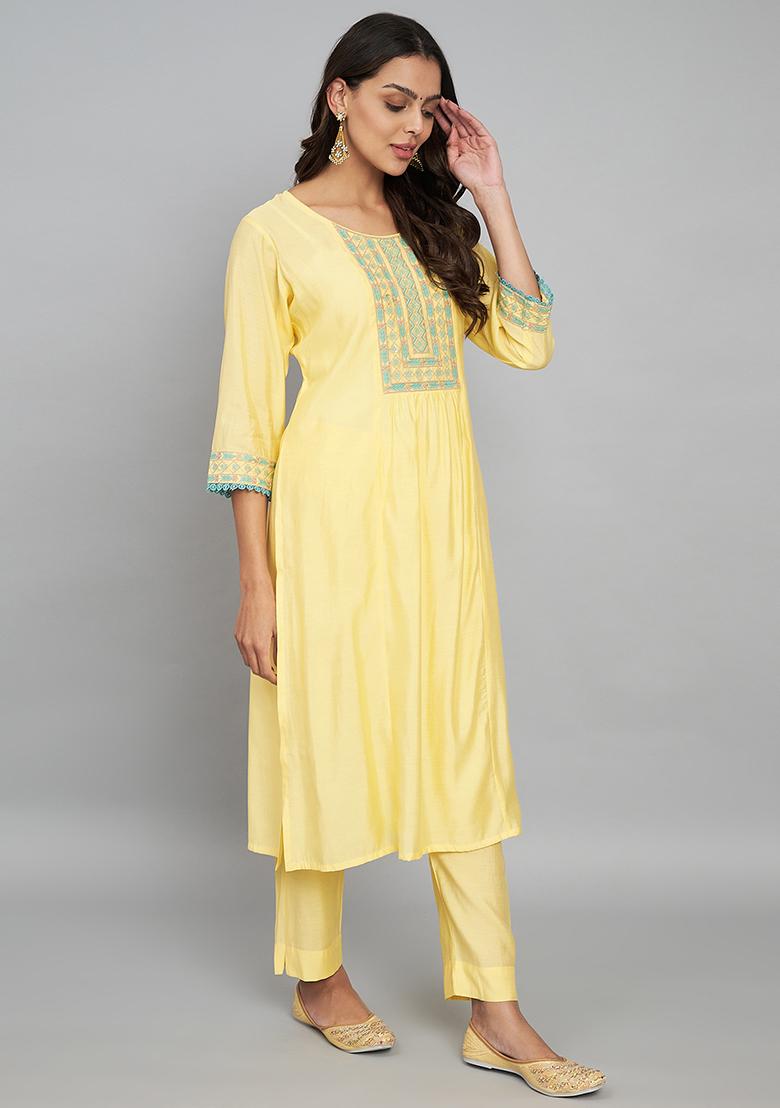 Yellow Floral Print Art Silk Kurta Set