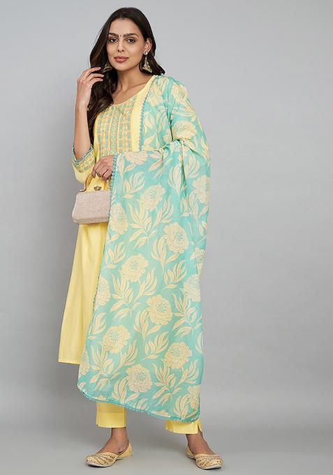 Yellow Floral Print Art Silk Kurta Set