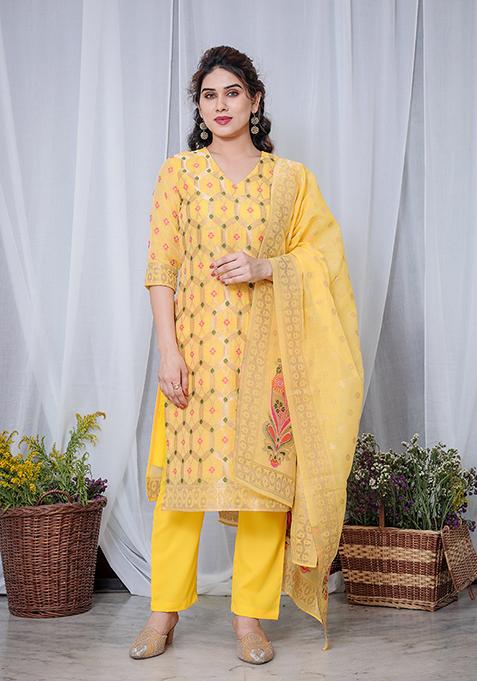 Yellow Zari Woven Chanderi Kurta Set