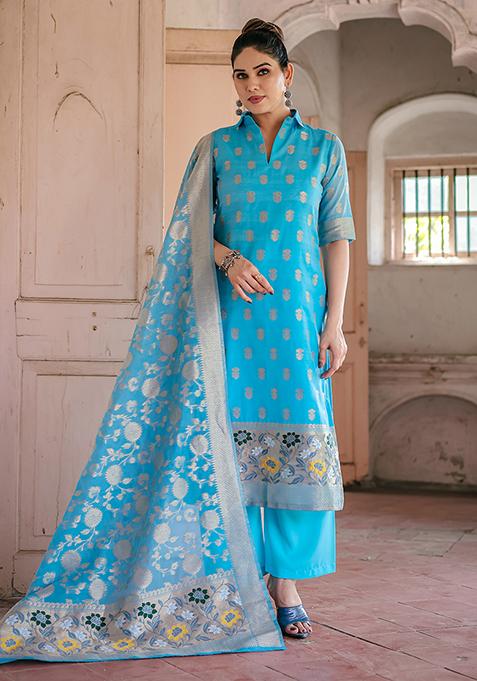 Blue Zari Woven Chanderi Kurta Set