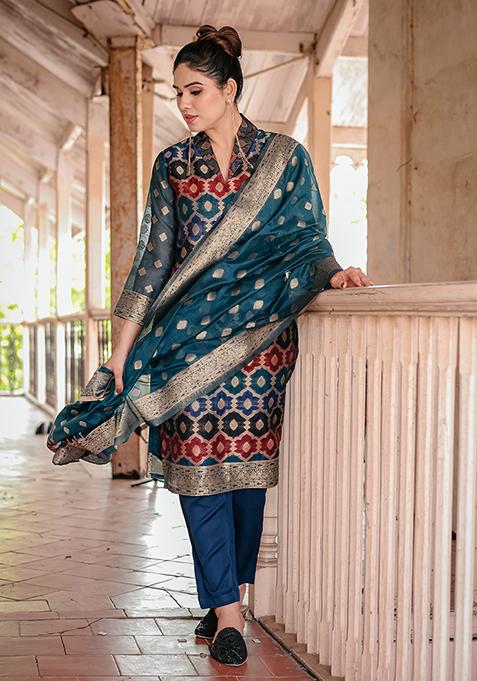 Teal Blue Zari Woven Chanderi Kurta Set