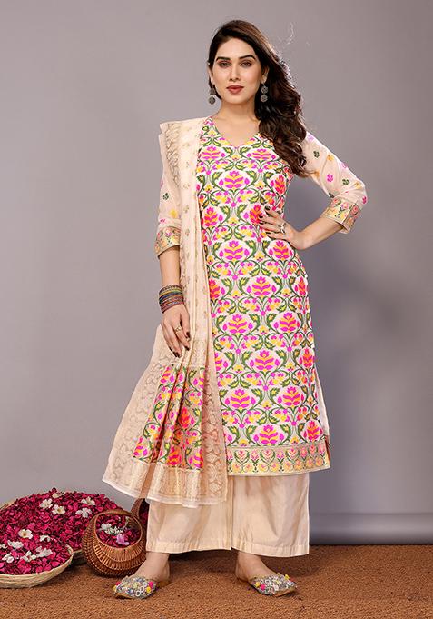 Cream Zari Woven Chanderi Kurta Set