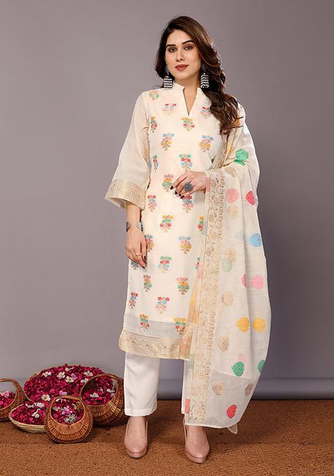 Cream Zari Woven Chanderi Kurta Set