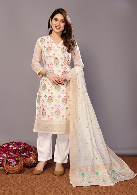 Cream Zari Woven Chanderi Kurta Set