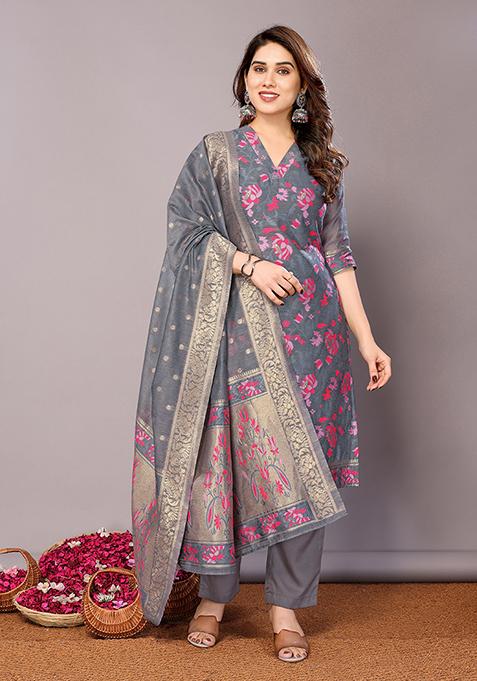 Grey Zari Woven Chanderi Kurta Set