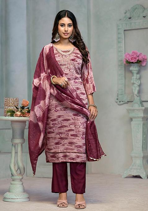 Wine Resham Embroidered Rayon Kurta Set