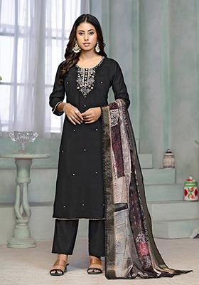 Black Resham Embroidered Rayon Kurta Set