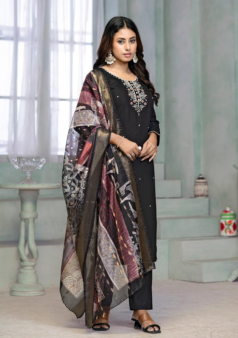 Black Resham Embroidered Rayon Kurta Set - Indya