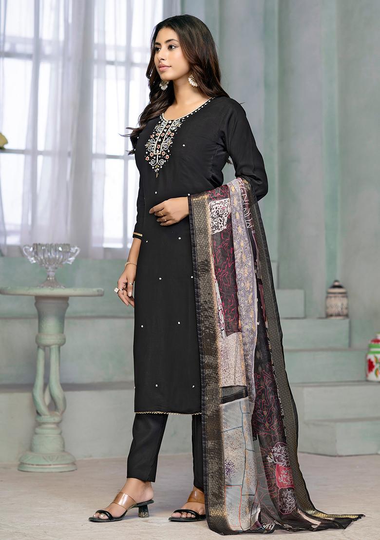 Black Resham Embroidered Rayon Kurta Set - Indya