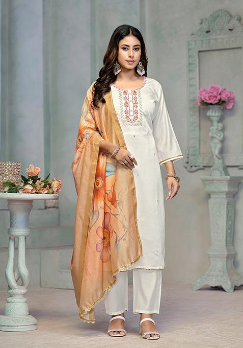 Cream Resham Embroidered Rayon Kurta Set