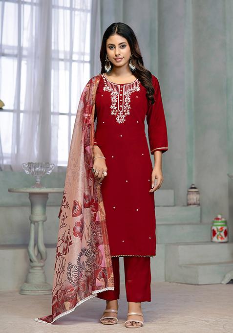 Maroon Resham Embroidered Rayon Kurta Set