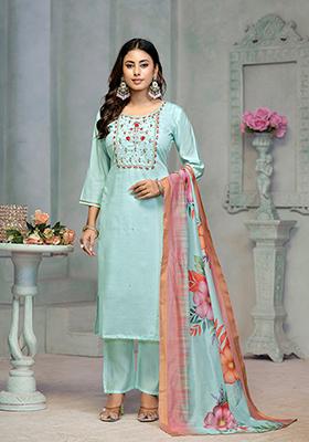 Blue Resham Embroidered Rayon Kurta Set