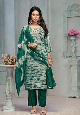 Green Resham Embroidered Rayon Kurta Set