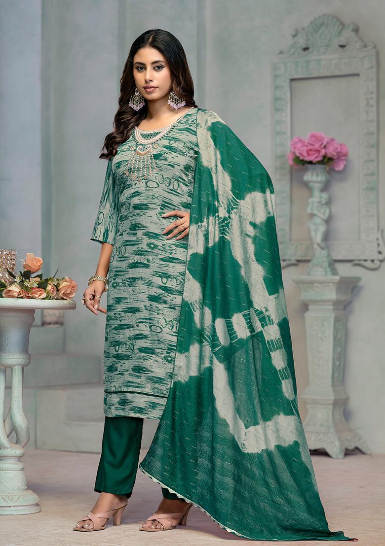 Green Resham Embroidered Rayon Kurta Set - Indya