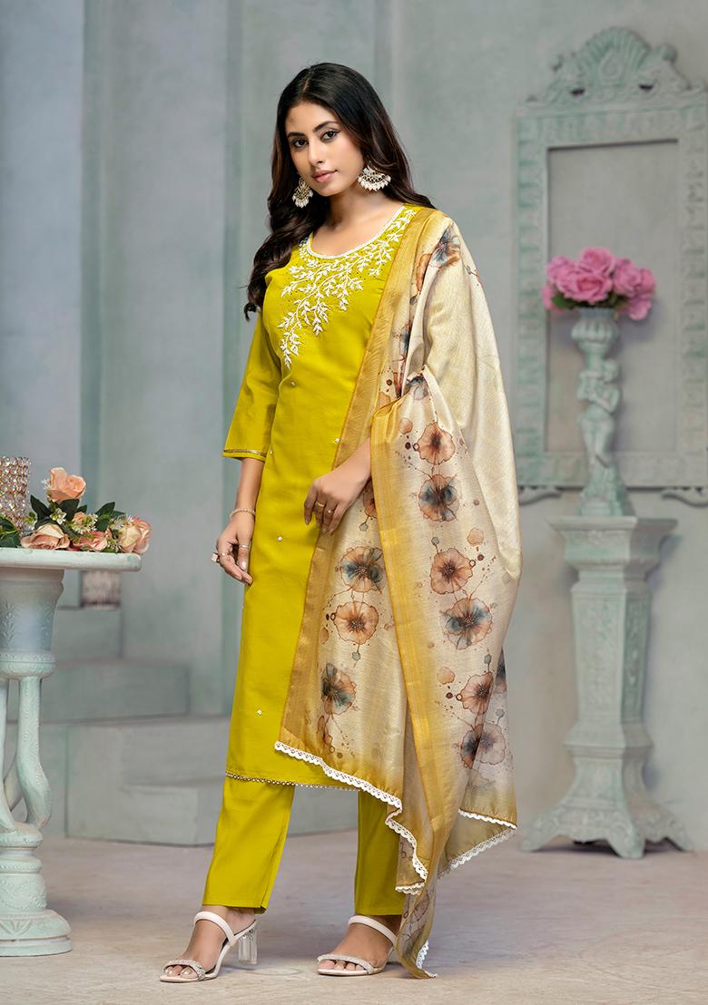 Lemon Green Resham Embroidered Rayon Kurta Set - Indya