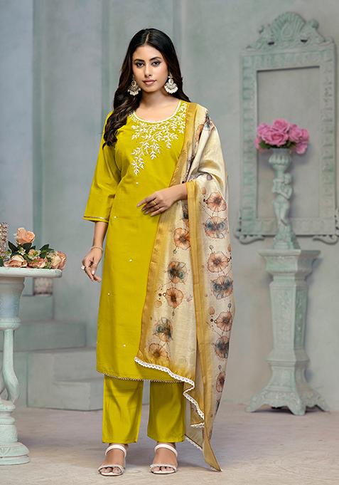 Lemon Green Resham Embroidered Rayon Kurta Set