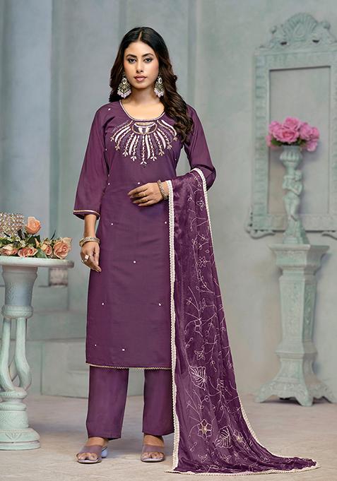 Purple Resham Embroidered Rayon Kurta Set