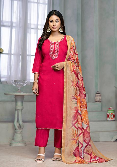 Pink Resham Embroidered Rayon Kurta Set