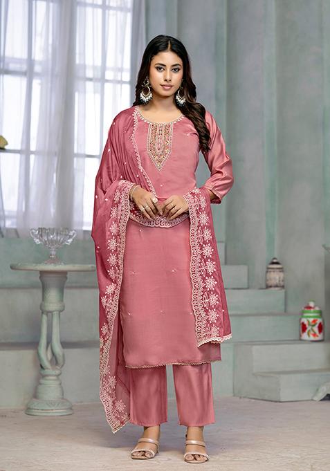 Pink Resham Embroidered Rayon Kurta Set