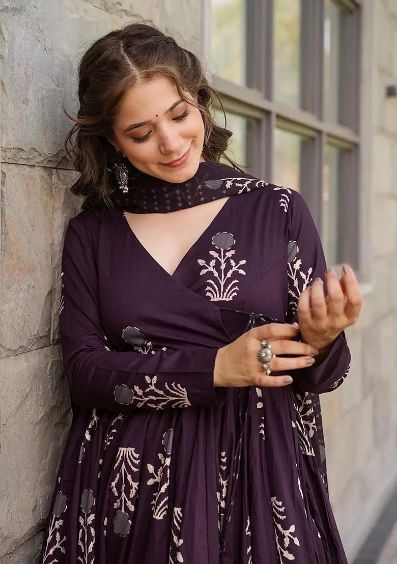 Purple Abstract Print Art Silk Kurta Set