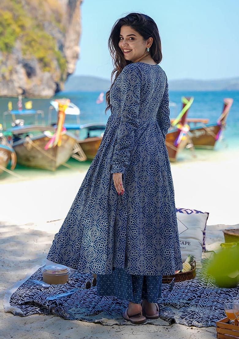 Blue Abstract Print Art Silk Kurta Set