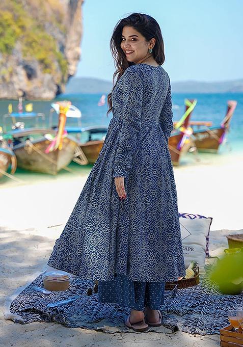 Blue Abstract Print Art Silk Kurta Set